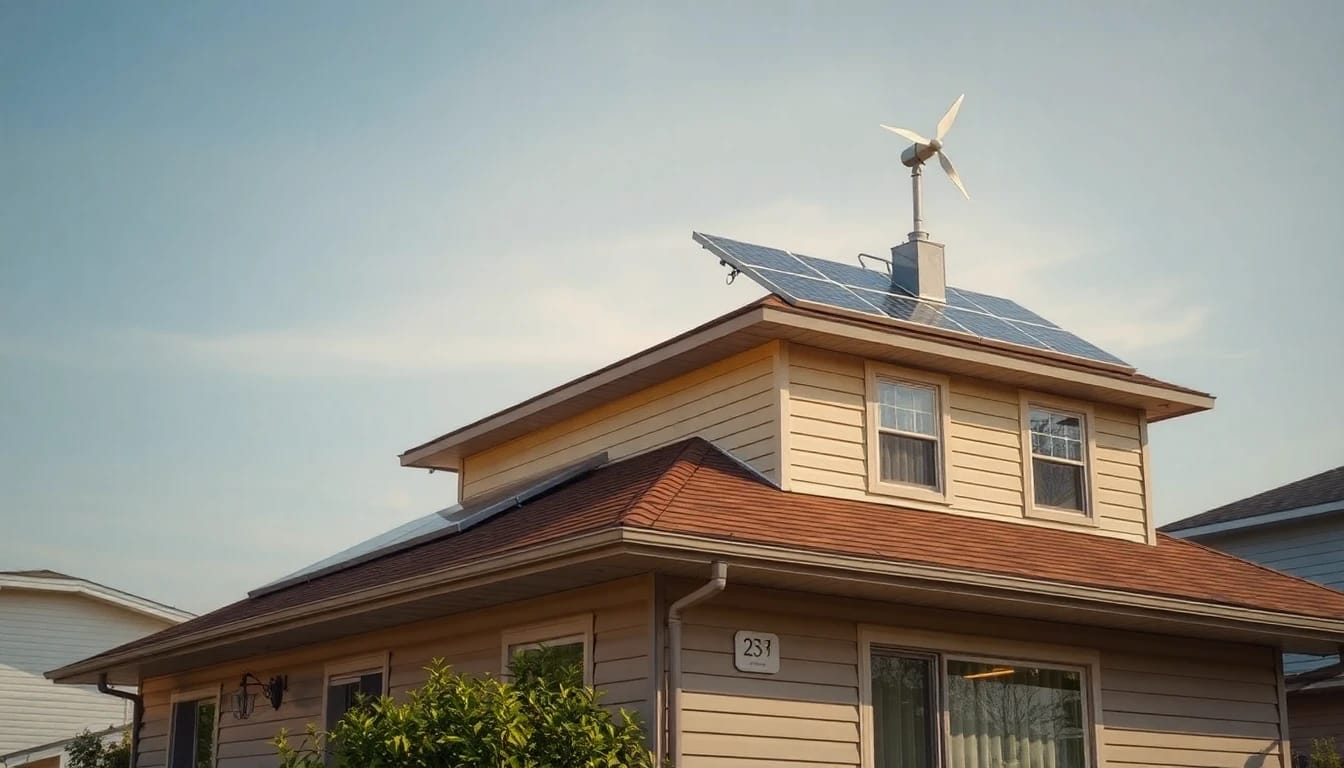 Suburban home with a small rooftop wind turbine and solar panels in late-afternoon sun.