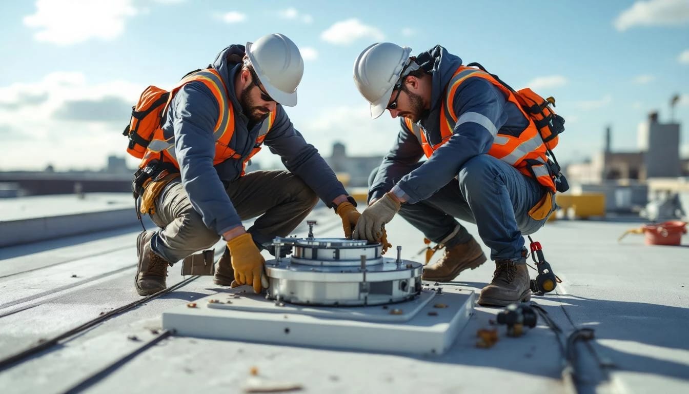 Two installers bolting a vertical-axis turbine base plate to a ballasted rooftop mount.