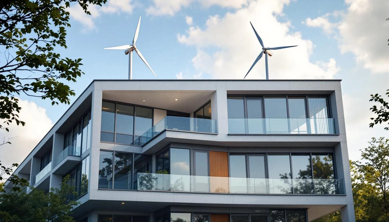 Modern office building with two vertical-axis wind turbines mounted on the parapet.